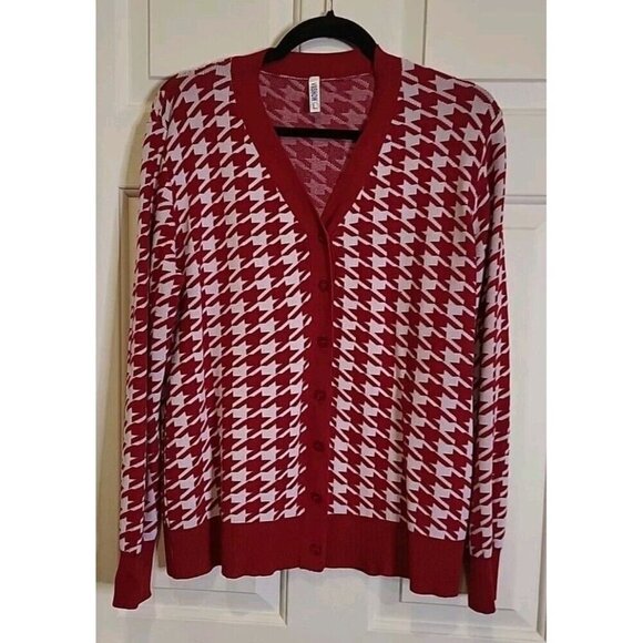 VIISHOW Womens Red And White Houndstooth Cardigan Large Christmas Holiday EUC - Picture 1 of 9